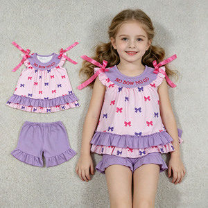 RTS Boutique NO BOW NO GO Ensembles de vêtements brodés pour petites filles, shorts, vente en gros, nouveaux styles, ensembles de vêtements pour enfants - Product Image 3