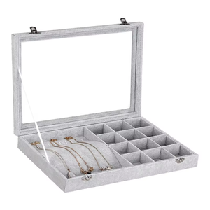 Gray Velvet Jewelry Display Case With Clear Lid, Lockable Multi-Compartment Jewelry Organizer For Rings, <b>Earrings</b> And Bracelets - Product Image 2