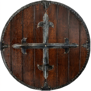 Bouclier rond en bois brun de 24 pouces, motif fleur de lys, fait main, décoration d'intérieur, cadeau, Halloween, marque TMI, logo personnalisé - Product Image 1