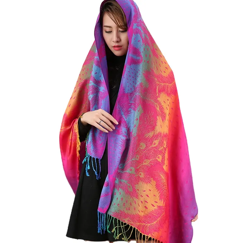 Elegante Kleurrijke Paisley Zachte Jacquard Katoen Pashmina Sjaal Kwasten Sjaals