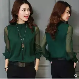 Wholesale Summer Korean Blouse Stand Neck Plain Long Sleeve T Shirt Elegant Chiffon Women'S Blouses