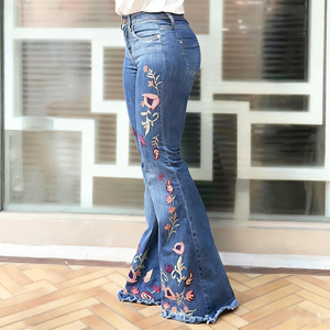 Nouveau jean pour <span class=keywords><strong>femme</strong></span> à jambe droite, taille mi-haute, brodé, à haute élasticité, coupe ample et décontractée, motif floral, vente directe usine - Product Image 5