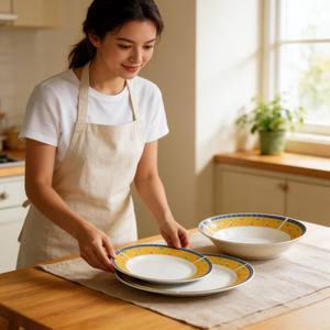 Service de table en porcelaine 18 pièces avec bordure décorative colorée, vaisselle en céramique de marque Harvit, design champêtre, vente chaude, usage quotidien/<span class=keywords><strong>restaurant</strong></span>/hôtel - Product Image 2