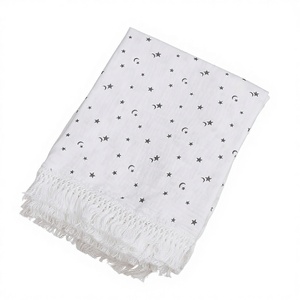 Couverture pour nouveau-né 100% <span class=keywords><strong>coton</strong></span> mousseline, à franges avec pompons, motif étoiles et lunes, respirante toute saison - Product Image 1