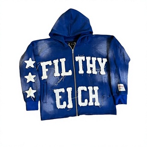 Sudadera con Capucha y Cremallera Filthy Rich para Hombre, Estilo Urbano Oversize, Diseño de Letras en Aplique Azul, Corte Regular, 100% Algodón, Invierno - Product Image 1