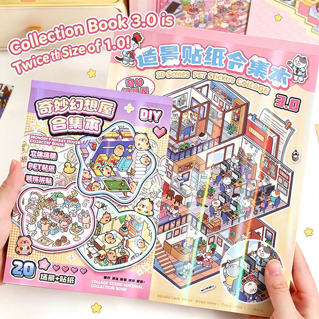 Big 3D Sticker Scene Book for Adults Reusable Sticker Scene Books DIY Miniature House Scenes Creative Sticker Therapy Kit Gift