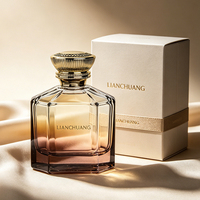 Flacon de parfum vide en verre rose dégradé de luxe, octogonal à facettes multiples, avec bouchon doré embossé vintage, bouchon personnalisé et coffret cadeau
