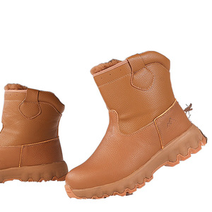 Bottes de neige pour hommes en cuir doublées de fourrure, imperméables, épaisses, chaudes, à talon moyen, couleur unie, pour l'extérieur - Product Image 1