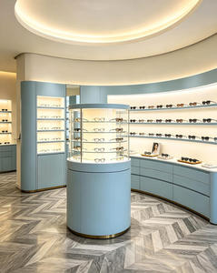 Luxury Optical Store Design Custom Eyewear Shop Fixtures Blue Gray <b>Display</b> <b>Cabinet</b> Brass Metal Glass Retail Interior Solution - Product Image 4