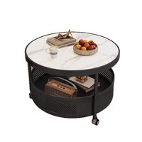 Mesa de Centro para Sala de Estar con Efecto Mármol, Ligera y Ligeramente Lujosa, con Estructura de Hierro y Estante de Almacenamiento; Mesa Compacta con Ruedas