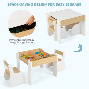 Set Tavolo e Sedie 3 in 1 per <span class=keywords><strong>Bambini</strong></span>, Tavolo in <span class=keywords><strong>Legno</strong></span> con Piano Rimovibile, Lavagna e Vano Portaoggetti per Giochi e Disegno - Product Image 6
