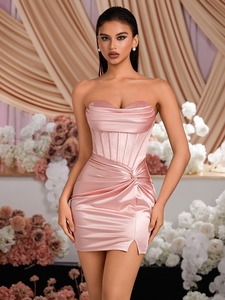 Robe de Soirée Rose de Luxe en Satin pour Femme, Bustier, Fendue Haute, Froncée, pour Bal, Fête, Mariage, Invitée, Tenue Formelle – Vente en Gros - Product Image 5