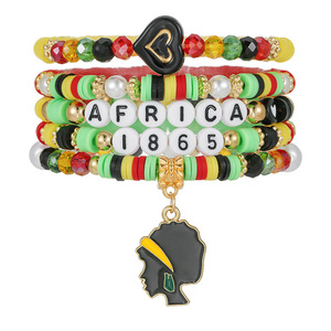 June Kwanza Festival <b>Bracelet</b> Set Polymer Clay Letter Beads <b>Stacked</b> Jewelry Alloy Pendant Black Culture Festival Gift Unisex - Product Image 5
