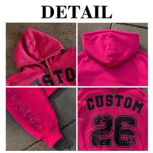 Clothing Manufacturers Custom Rhinestone Hoodie Street Wear Screen Print Hoodie 100% Cotton Heavyweight Zip up Hoodie - Product Image 6