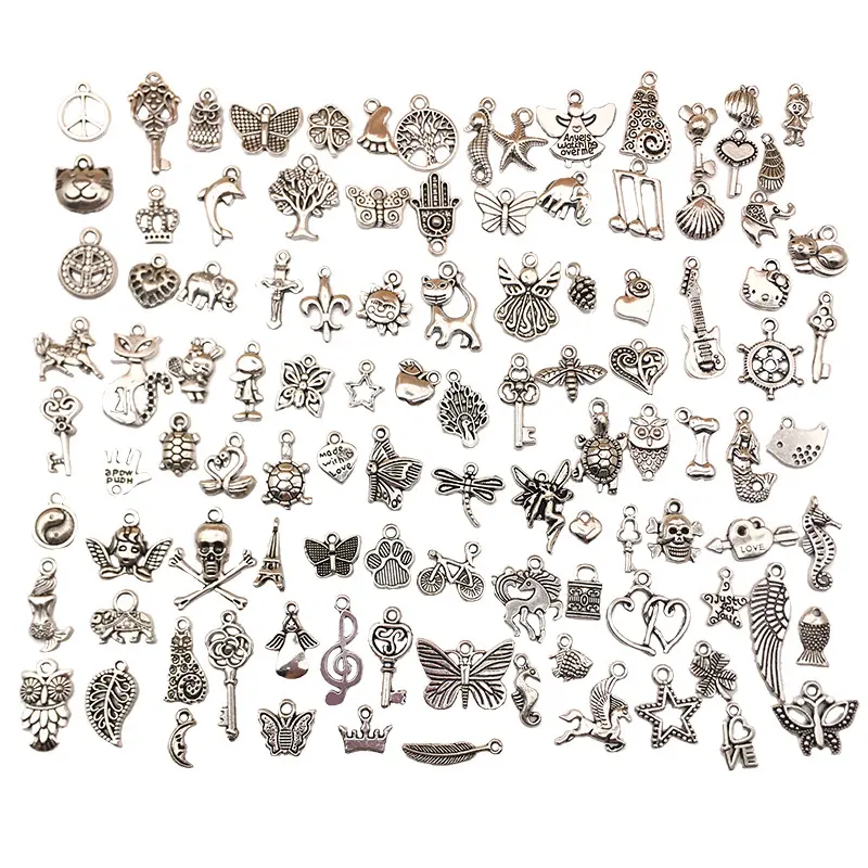 Handmade Jewelry Making Kit 100pcs Mixed Silver Plated Alloy Metal Pendant Antique Silver Alloy Beads Large Hole