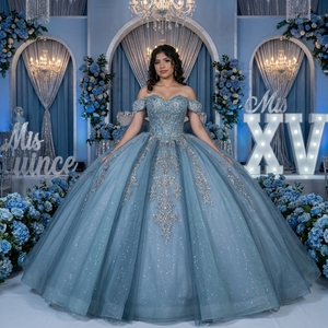 Xybb07-Pz Gorgeous Dusty Blue Quinceanera Ball Gown <b>Silver</b> Lace Applique Beaded Glitter <b>Dress</b> For Evening Pageant Jancember - Product Image 1