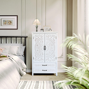 White Storage Cabinet 27'' Tall Accent Tower With Carved Doors And Drawers For Living Room Or Bedroom - Product Image 6
