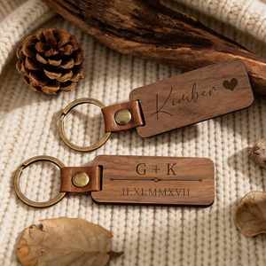 Personalized Engraved Walnut Wood Keychain, Custom Name <b>Initials</b> Gift for Him, Retro Wooden Key <b>Ring</b> Holder, Birthday Gift - Product Image 2