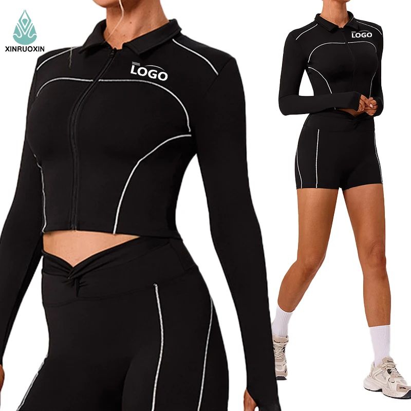 Bare-chest Collar Slimming and Figure-enhancing Yoga Top with Stretch Fabric, Elastic Fitness Zipper Cardigan, Sporty Yoga Coat