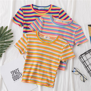 Nueva Camiseta para Mujer, Camiseta de Rayas Arcoíris, Camiseta Ajustada, Camiseta Harajuku, Camiseta de Verano de Manga Corta, Camiseta Coreana, Ropa Femenina - Product Image 3