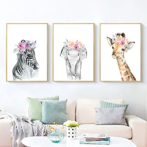 Çiçek hayvan aslan Zebra fil zürafa kreş baskı çocuklar bebek yatak odası dekoru duvar resimleri bebek odası duvar sanatı
