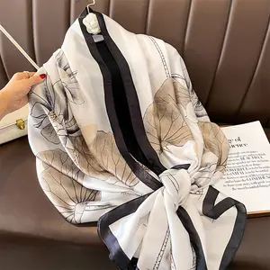 Latest designs fashion dubai imitation silk shawls for evening dresses 180*85cm plain white lotus flower printed silk scarves