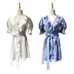 Robe Courte Femme Romantique Française en Dentelle Unie et Mousseline de Soie, Col en V Volanté, Manches Bouffantes, Taille Nouée - Product Image 5