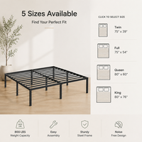 Cadre de lit plateforme en métal robuste, taille Queen, avec 9 pieds de support, lattes en acier, noir mat, pour chambre à coucher