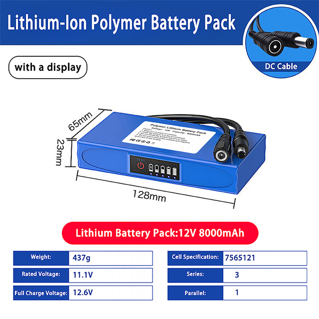 12V 8000mAh Lithium-Ion Polymer Battery Pack with Power Display & DC Cable - High Capacity for Portable Devices