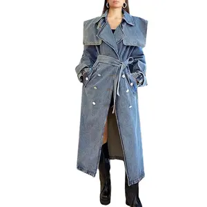 10811-MX39 Automne Et Hiver Mode Tendance Ceinture Taille Col Rabattu Maxi Denim Vestes Manteaux Pour Femmes Sehe Mode