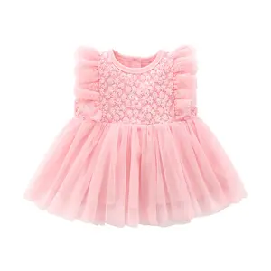 Robe d'été pour bébé fille princesse nouveau-né 0-12 mois jupe en dentelle Opp sac tissé Voile robe de bal sans manches solide imprimé fournir