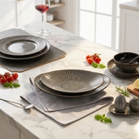 Service de table en porcelaine céramique lisse en sergé de laine noir durable ST – Assiettes plates, assiettes à dessert pour la maison, mariages, fêtes, hôtels