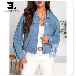 LARSUR Custom factory ladies cotone saia <span class=keywords><strong>fringe</strong></span> rifinitura a maniche lunghe giacca <span class=keywords><strong>crop</strong></span> in denim abbottonatura shorts giacca jeans cappotto da donna - Product Image 2