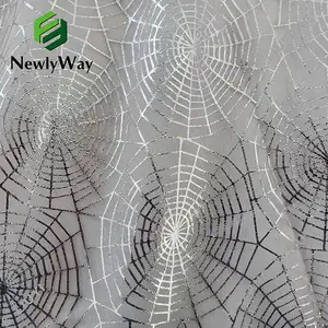 Argent estampage toile d'araignée feuille nylon tulle imprimé maille dentelle tissu pour la décoration de fête