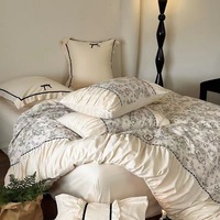 Ensemble de literie 6 pièces en polyester noir et blanc imprimé avec dentelle et nœuds, comprenant housse de couette, drap plat et drap-housse