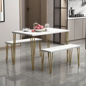 Luxus Design Rechteck MDF Top Esstisch 2 Stück lange Bank Golden Metal Legs Esstisch Det