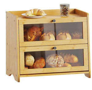 Boîte à pain pour comptoir <span class=keywords><strong>de</strong></span> cuisine, grand bac <span class=keywords><strong>de</strong></span> rangement en bambou pour pain fait <span class=keywords><strong>maison</strong></span>, boîte à pain à double couche pour pain au levain - Product Image 1