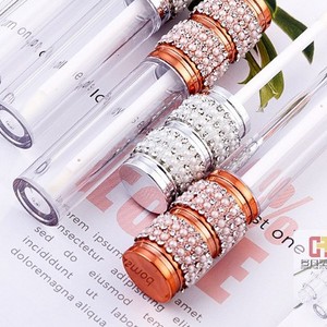 Tubo de brillo labial vacío con decoración de perlas y diamantes de imitación, envase de maquillaje de plástico transparente de doble capa redondo para tinte labial. - Product Image 2