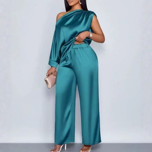 Ensemble décontracté en satin pour femme, style transfrontalier, avec haut à col asymétrique et pantalon, style européen et américain - Product Image 2