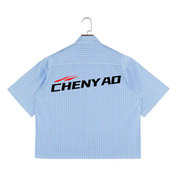 Chemise décontractée d'été pour homme, haute couture, bleu rayé, coupe ample, manches courtes, col rond, tricot brodé