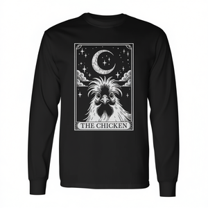 Camiseta promocional de manga larga con diseño de animales de granja, estilo vintage, con estampado de tarot de luna creciente y gallina Silkie - Product Image 2
