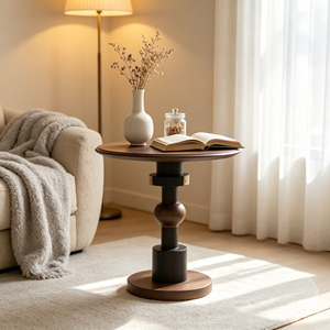 Mesa Auxiliar Redonda de Dos Tonos en Color Oscuro, con Pedestal, de Madera Sólida, Columna Cilíndrica, Estilo Minimalista, para Sala de Estar o Esquina - Product Image 4