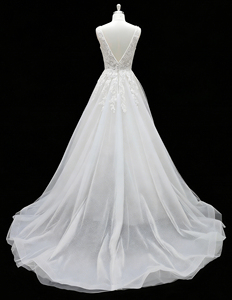 Nuevo Vestido <span class=keywords><strong>de</strong></span> Novia <span class=keywords><strong>de</strong></span> Encaje y Tul Color Marfil, Estilo Clásico, Elegante y Moderno, Línea A, Largo hasta el Suelo, Talla Grande, para <span class=keywords><strong>Boda</strong></span> <span class=keywords><strong>Civil</strong></span> Sencilla, 2026 - Product Image 3