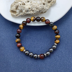 Triple Tiger Eyes ematite turchese blu naturale con bracciale con perline a fetta di isolamento in acciaio inossidabile per uomo - Product Image 6