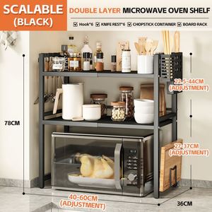 Customize 2-Layer Carbon Steel Retractable Microwave <b>Shelf</b> <b>Kitchen</b> Accessories Storage Rack with Knife Holder Chopsticks Holder - Product Image 6