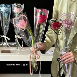 50 pièces/sac, sac à fleurs transparent en cellophane imprimé en forme de cœur, sac d'emballage pour fleurs fraîches, pour fleuriste - Product Image 1