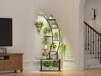 Support à plantes créatif en demi-lune à 8 niveaux avec éclairage LED, étagère en bois à structure métallique, support à fleurs autoportant pour intérieur, balcon