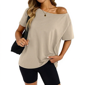 Camiseta de Mujer Personalizada por el Fabricante, con Hombros Descubiertos, Color Sólido, de Algodón Tejido, Manga Corta, Top de Verano - Product Image 1