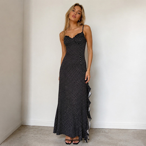 Women's V Neck Polka Dot Maxi Dress <b>Spaghetti</b> Strap Lace Trim Ruffle Hem A Line <b>Long</b> Dress Summer Beach Vacation Party Wear - Product Image 3