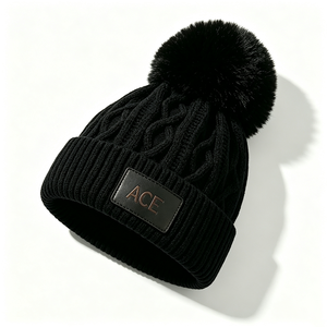 Bonnet en tricot rayé avec logo personnalisé ACE, pompon en fausse fourrure, design imprimé, 100% acrylique, unisexe, bonnet d'hiver - Product Image 2